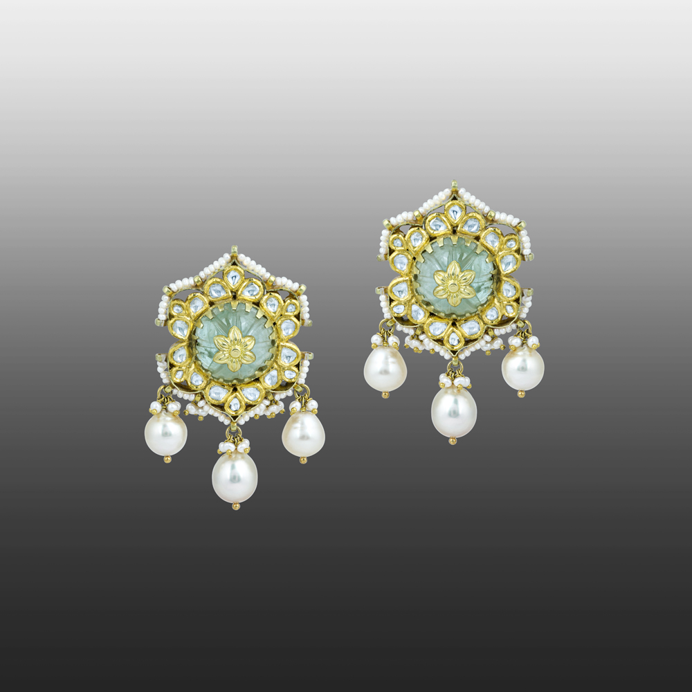 Carved Stone Earrings with Polki and South Sea Pearls